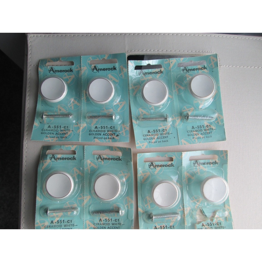 8 NIP Vintage Amerock A-551-C1 White Ceramoid Cabinet Knob Gold‎ Accent Drawer